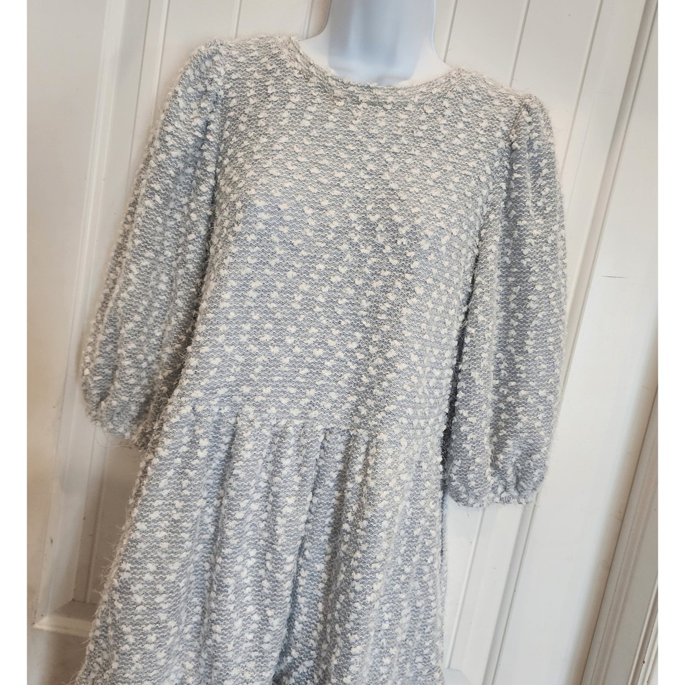 Downeast Textured Knit Puff Sleeve Tiered Dress Blue White Tie Back baby doll